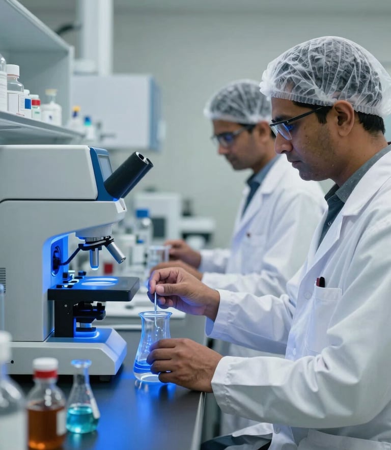 A crisp, high-end photograph of a South Asian / Indian pharmaceutical research lab. Researchers in white lab coats and hairnets working with advanced blue-lit machinery and glass beakers. Clean, sterile, and professional atmosphere.