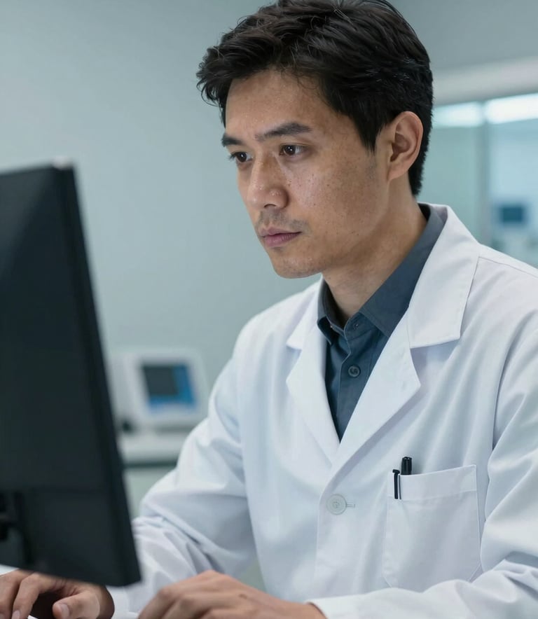 Close-up photography of a Brazilian medical specialist in a clean, modern white lab coat, looking attentively at a computer screen. The background is a professional clinical environment with soft, light blue walls and professional lighting that evokes competence and trust.
