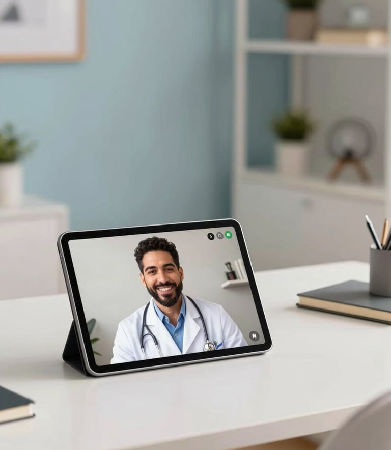 Professional photography of a bright, modern home office in Brazil. A thin tablet is propped up on a clean desk, showing a video call with a friendly Brazilian doctor in professional medical attire. The lighting is soft and natural, emphasizing a sense of comfort and ease. The room features light blue and off-white accents.