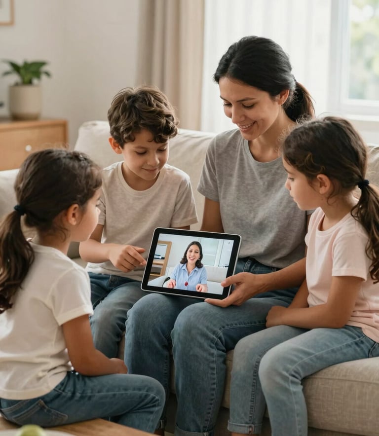 A South American family sitting comfortably on a sofa in a sunlit living room, engaging in a telemedicine consultation via a tablet, bright and caring environment.