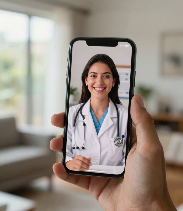 A close-up shot of a smartphone screen held by a person in a South American home, showing a friendly medical professional on a video call, soft natural lighting, professional and modern atmosphere.