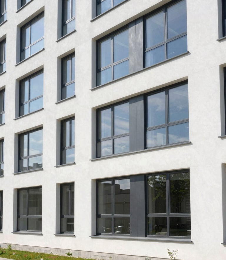 A wide-angle architectural shot of a modern residential building in Bulgaria with large, high-quality PVC windows, clean white walls, bright daylight, reflecting a professional and reliable company image.