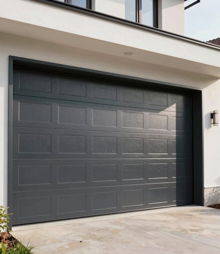 Professional photography of a modern dark charcoal sectional garage door being installed on a contemporary Bulgarian house, bright morning light, clean architectural lines, showing expert workmanship.