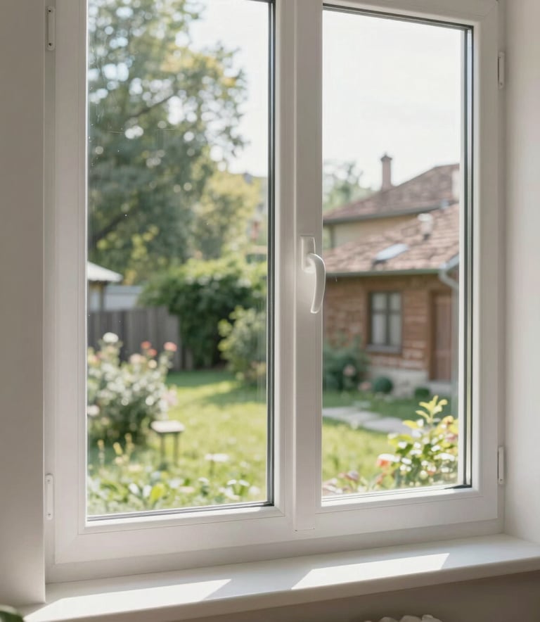 A detailed photography shot of a newly installed, large white PVC window with a clean finish, overlooking a green yard in a Southeastern European / Bulgarian neighborhood. Soft morning sunlight creates a bright and welcoming atmosphere.