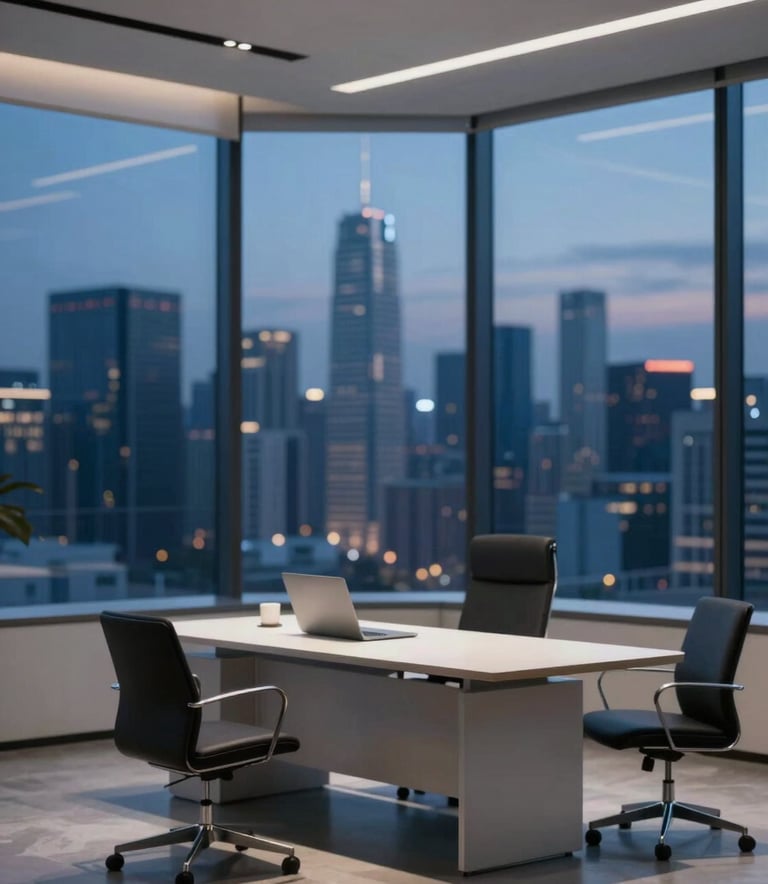 A sophisticated law office interior overlooking a modern city skyline at dusk. Clean lines, minimalist furniture, and a cool, authoritative atmosphere. The lighting is cinematic and refined. Palette emphasizes deep blues (#0F1C2E) and off-whites (#F2F5F8).