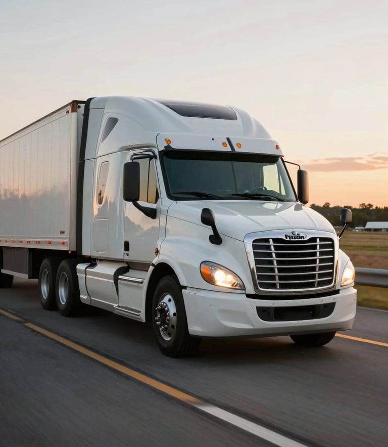 A sleek white Freightliner semi-truck traveling on a scenic North American highway during the golden hour, captured with professional motion-blur photography to emphasize speed, efficiency, and reliability.