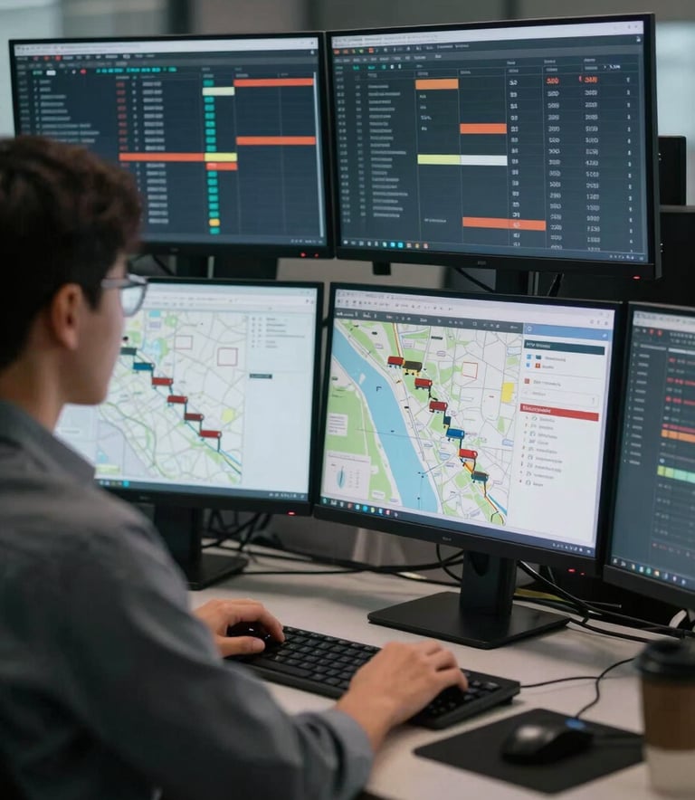 A focused logistics coordinator working in a modern, professional office setting in North America, surrounded by high-end computer monitors displaying freight maps and load boards, cinematic lighting with dark charcoal and soft silver tones.