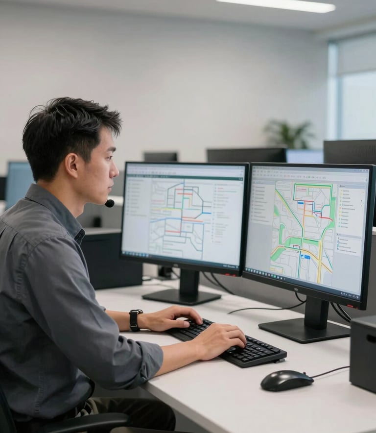 A professional truck dispatcher in a high-tech North American office setting working at a multi-monitor desk showing logistics maps, clean and modern aesthetic, charcoal grey and soft white lighting.