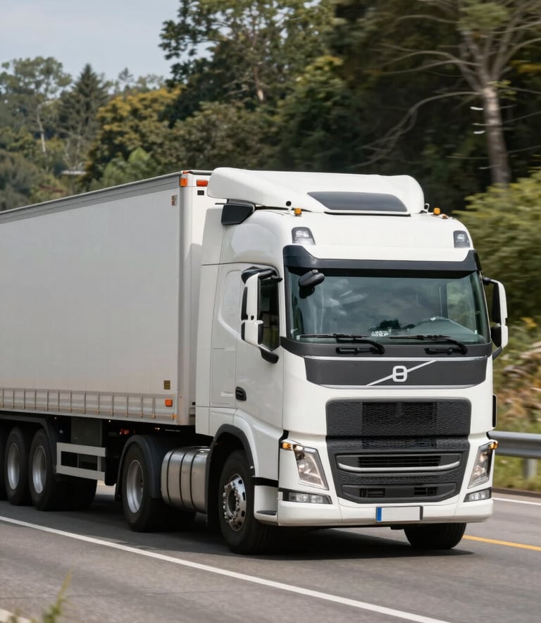 A clean white Volvo semi-truck with a dry van trailer traveling on a scenic North American highway, bright daylight, high-quality commercial photography.