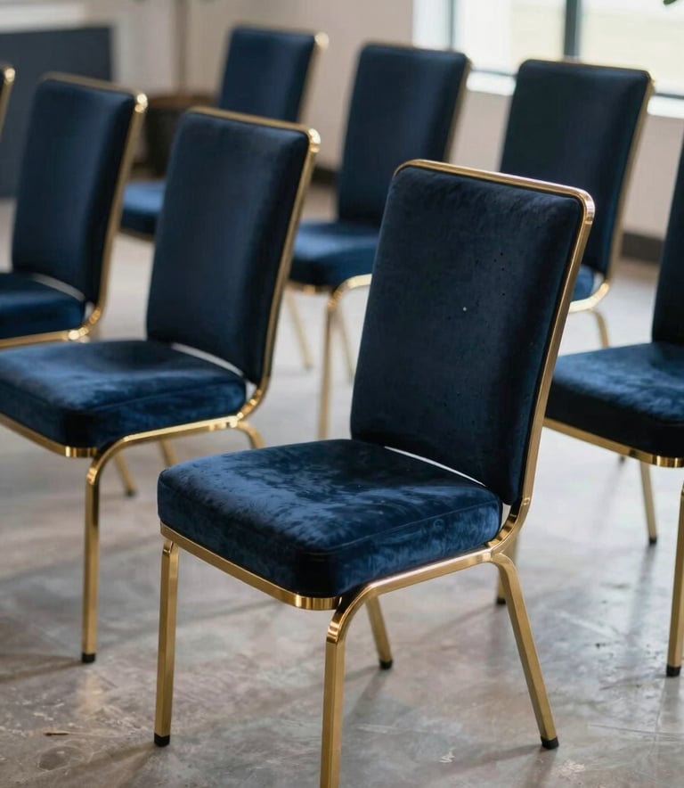 A collection of modern dark blue velvet chairs with gold metal legs, arranged in a clean, sophisticated North American event space with natural light.