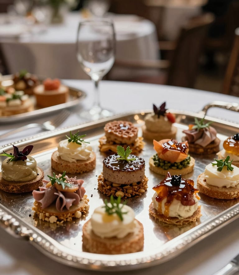Close-up of elegant gourmet catering appetizers on a silver tray, garnished with fresh herbs, in a sophisticated North American ballroom setting.