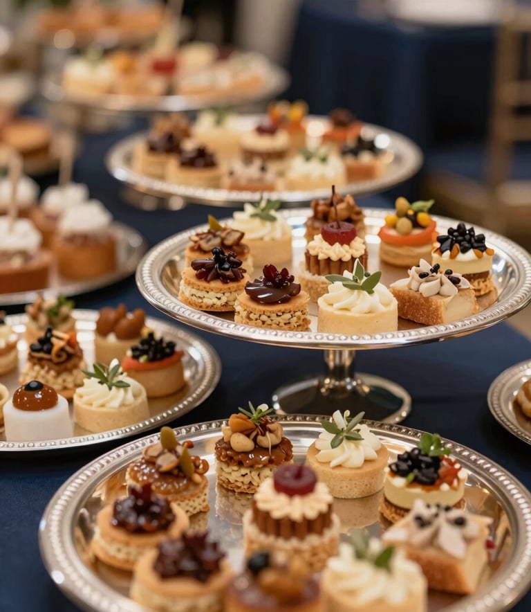 A close-up, high-detail photograph of a gourmet catering display. Silver platters hold artisanal hors d'oeuvres, with a blurred background of a celebratory North American ballroom event. The lighting is soft and golden, highlighting the sophisticated textures of the food and the tan and navy palette of the decor.