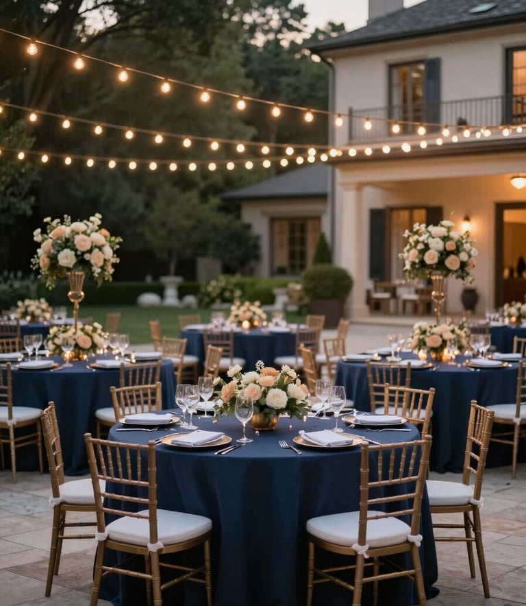 A wide-angle professional photograph of a sophisticated outdoor evening gala in a North American estate garden. The scene features elegant navy blue table linens, warm string lighting overhead, and sophisticated beige floral arrangements. The composition is clean and modern, evoking a sense of luxury and reliability.