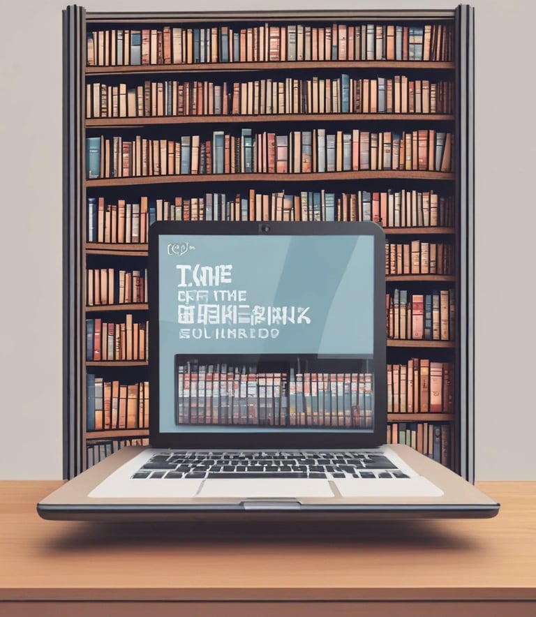 A person is holding a smartphone displaying a digital library application while surrounded by shelves filled with books. The shelves are arranged in rows, and the lighting creates a warm and cozy atmosphere. The individual appears to be browsing library services or book information on their phone.