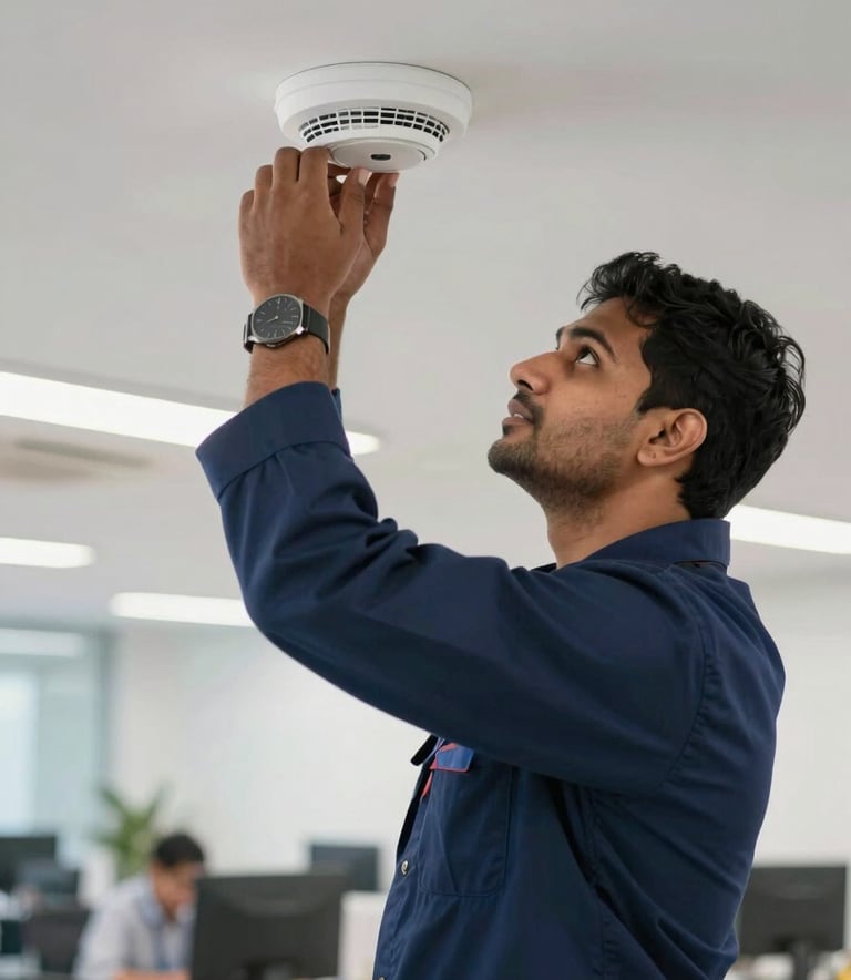 A professional South Asian technician in a navy blue uniform meticulously installing a modern smoke detector onto a white ceiling in a contemporary Indian commercial workspace. The lighting is bright and clear, emphasizing professionalism.