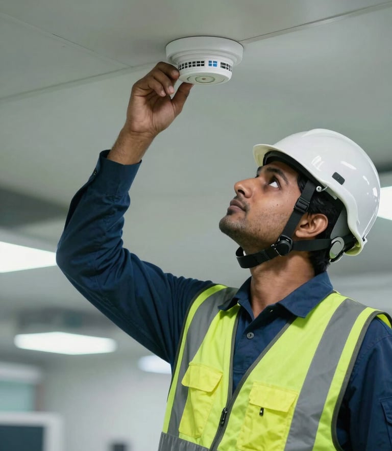 A skilled South Asian / Indian technician wearing a reflective safety vest and helmet is meticulously installing a smoke detector on the ceiling of a modern commercial facility. The scene conveys reliability and advanced expertise.