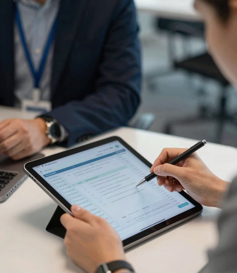 A close-up photograph of professional collaborators in a modern North American / US office environment, focusing on a digital tablet screen showing data. The lighting is crisp and clear, with soft blue and grey tones reflecting a professional Ocean Slate and Midnight Navy color palette.