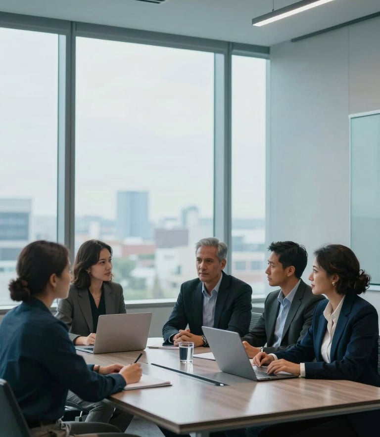A professional group of diverse entrepreneurs collaborating around a sleek conference table in a modern North American / US office with floor-to-ceiling windows. The lighting is crisp and visionary, incorporating a palette of soft blue and muted teal.
