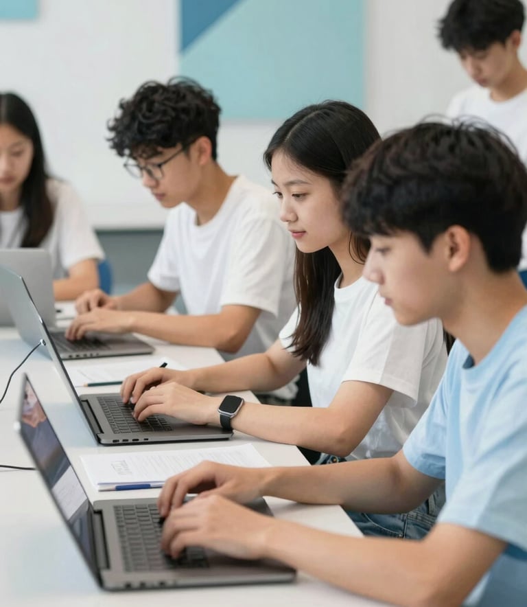 A group of students in a modern North American / US learning environment engaging with advanced digital literacy tools. The setting is bright and clean, emphasizing critical thinking and future-ready skills with soft blue and pale azure accents.