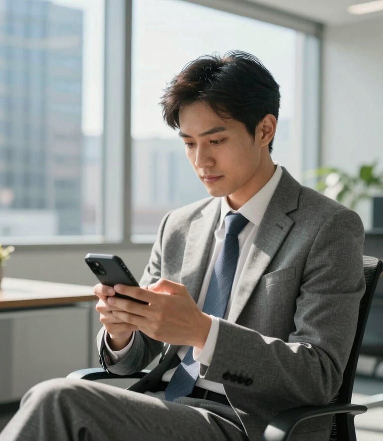 A professional person in modern business attire sitting in a bright, sunlit North American office environment, looking confidently at their smartphone with a soft focus background of a clean financial district.