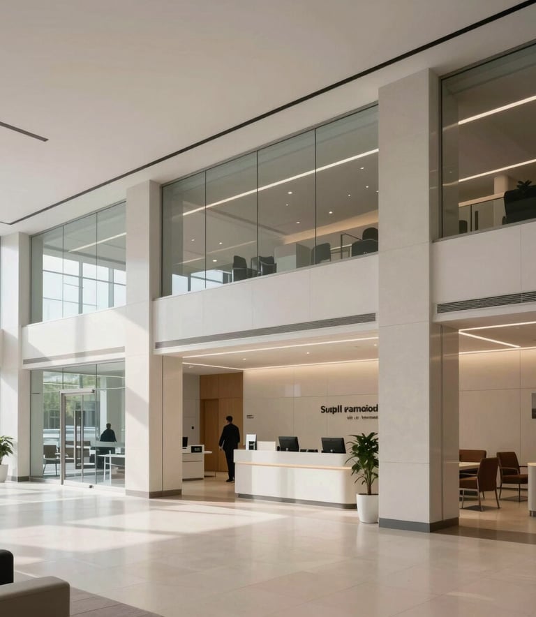 A wide-angle interior photograph of a modern, minimalist bank lobby in North America, featuring clean lines, glass partitions, and a sophisticated atmosphere with soft natural light.