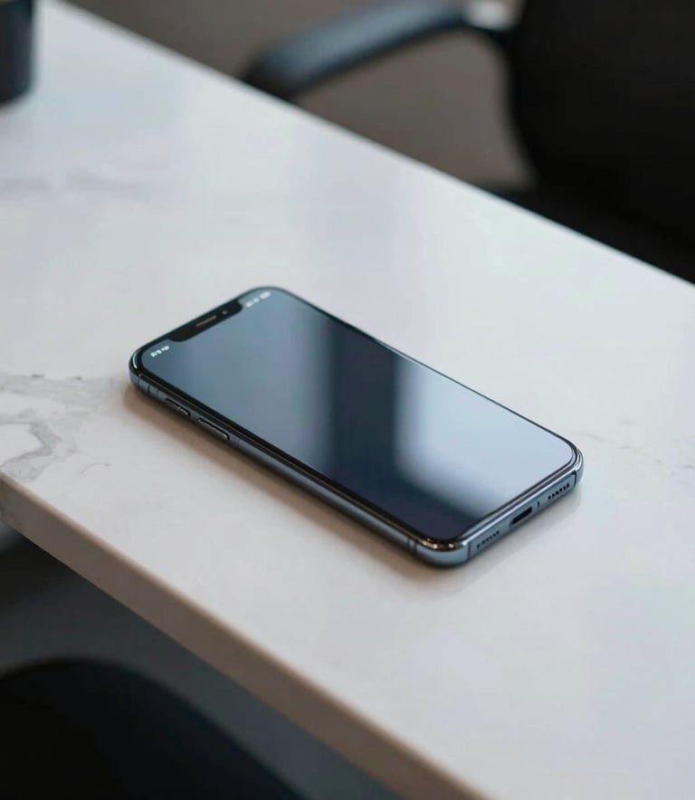 A high-angle close-up shot of an Android smartphone resting on a white marble desk in a minimalist North American office; the screen glow reflects soft blue light.