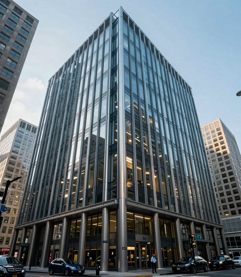 The exterior of a sleek, contemporary bank headquarters in a bustling North American city center, featuring glass, steel, and a professional blue-tinted atmosphere.