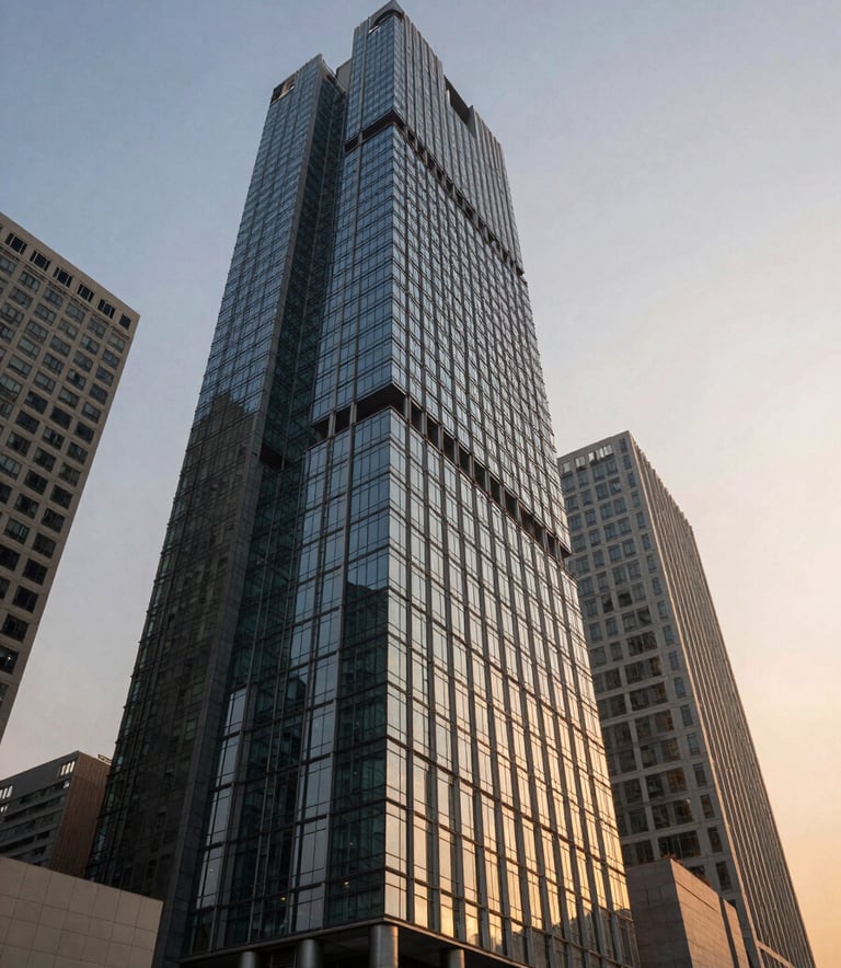 Modern glass and steel corporate architecture in a South Asian / Indian financial district, shot at a low angle during the golden hour, reflecting a soft blue and orange sky, conveying progress and stability.