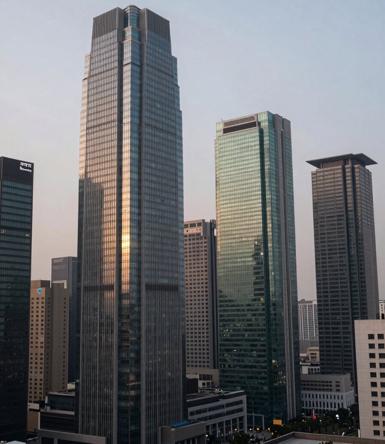 A high-rise financial district view from a modern South Asian / Indian boardroom at dusk. Soft pearl grey and steel teal reflections shimmer on glass surfaces. The atmosphere is sophisticated and authoritative, conveying modern strategic depth.