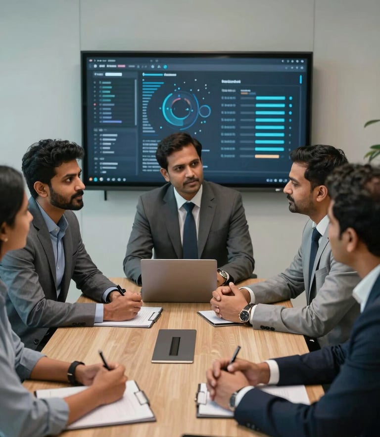 A group of focused professionals in a South Asian / Indian boardroom, engaged in a collaborative discussion, wearing modern business attire, with high-tech presentation tools in the background.