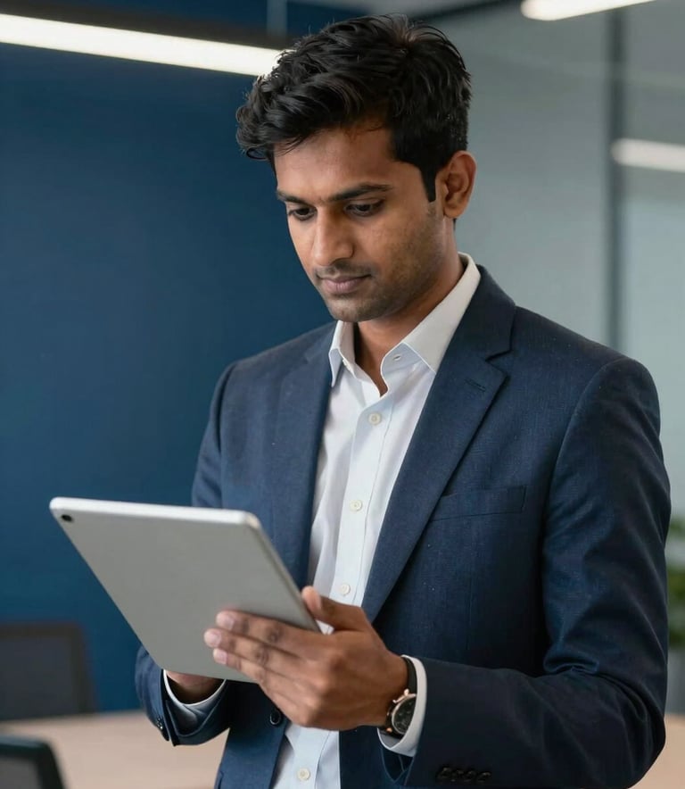 A professional in a modern South Asian / Indian office, dressed in a sharp business suit, looking at a digital tablet with confidence. The background features midnight blue and muted slate blue accents with professional, clean lighting.