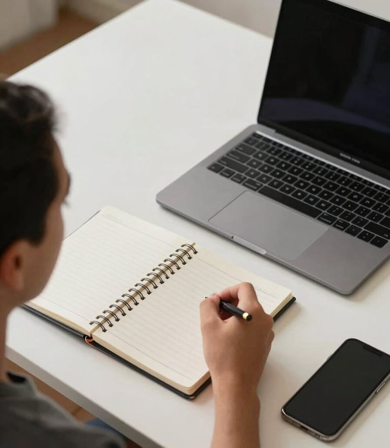 Professional high-angle photography of a student's workspace featuring a notebook, a sleek laptop, and a smartphone. The background shows a clean, modern North American interior with off-white and charcoal tones.