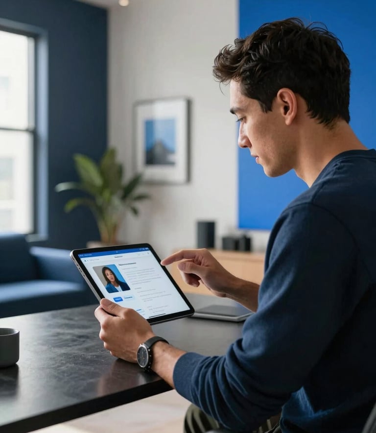 A creative North American professional in a modern, sunlit Toronto apartment studio, reviewing an AI application on a high-resolution tablet. The setting is minimalist with dark navy and electric blue accents in the decor.