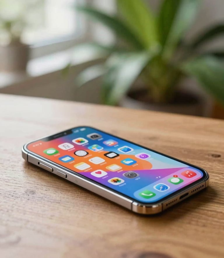 A close-up photograph of a modern smartphone resting on a wooden table in a bright, sunlit room. The screen shows a vibrant, colorful interface. The background is a soft blur of a lush green indoor plant, conveying a fresh and innovative atmosphere. International / Global.