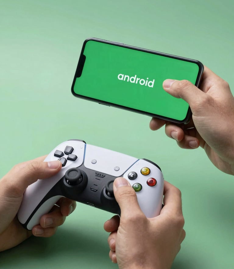 An action-oriented photography shot of hands holding a gaming controller near an Android device. The scene is illuminated by Sage Green ambient light, suggesting technological sophistication and entertainment. International / Global.