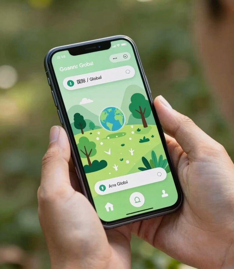 Close-up photography of a person's hands holding a sleek smartphone in a sun-drenched outdoor garden. The screen shows a vibrant, creative mobile game with medium green and light green UI elements, International / Global, professional and approachable style.