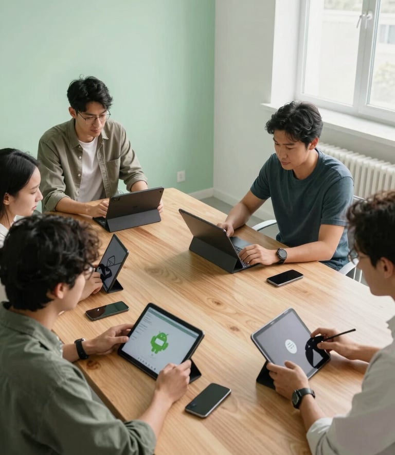 A high-angle photography shot of a modern design studio with light green and off white accents. Developers are working together at a large wooden table with Android tablets and smartphones, International / Global setting, bright natural lighting, fresh and collaborative atmosphere.