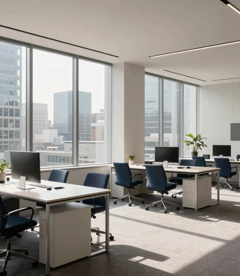A wide shot of a minimalist, tech-forward office interior in a North American city, with large windows, sleek furniture in dark blue and off-white tones, and natural morning light.