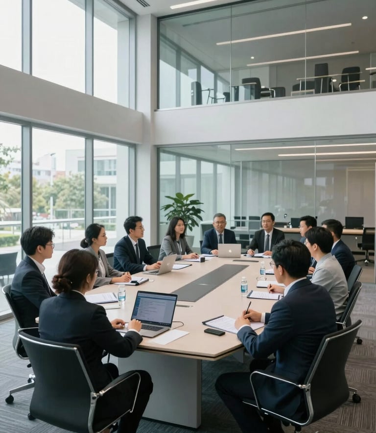 A wide shot of a sleek corporate meeting room in North American / International, featuring glass walls and modern architecture, with a professional group engaged in a technical workshop, lighting is bright and airy.