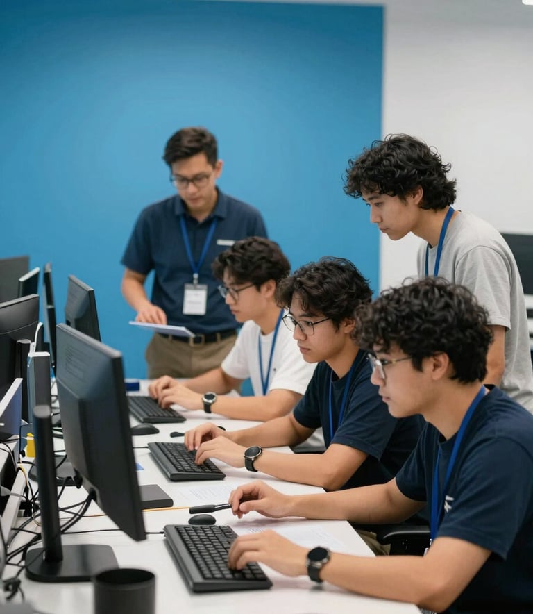 A group of professional learners in a collaborative workspace, focused on a project, with tech-forward equipment and a bright, medium blue and white color scheme, North American setting.