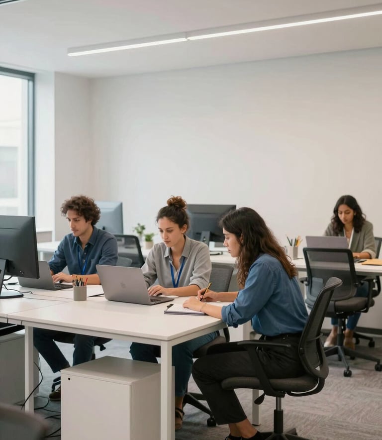A bright and modern office workspace in North American / International style, where diverse professionals are collaborating over a laptop, light-filled tech-forward setting with minimalist furniture in off-white and mid blue tones.