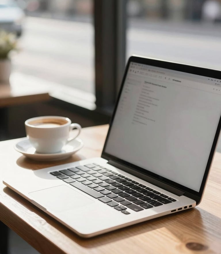 A close-up photograph of a person in a bright Australian cafe in Melbourne, using a sleek laptop on a light wood table with a cup of coffee nearby. Soft morning sunlight filtering through the window, creating a warm, modern, and welcoming atmosphere.