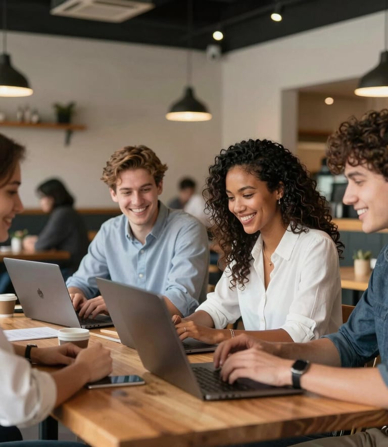 A group of diverse professionals in a sun-drenched Australian workspace, smiling and looking at a tablet together. The interior features light sand-colored wood and cream walls, creating a clean, modern, and trustworthy feel.