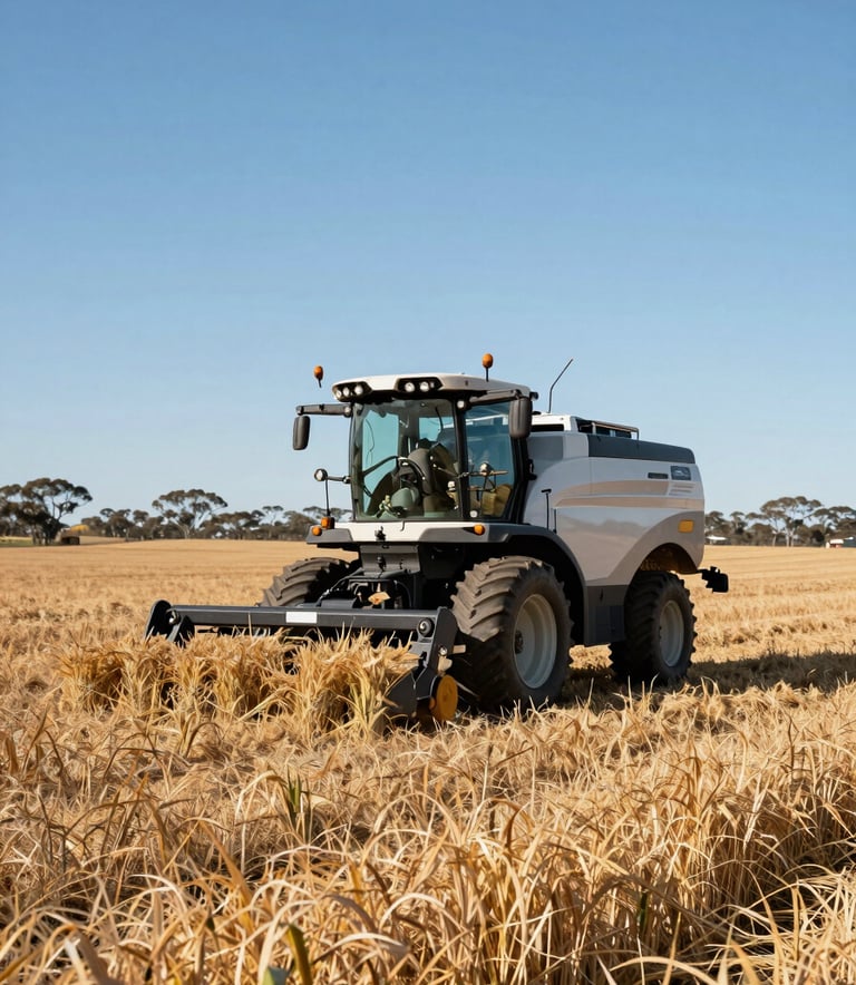 A crisp, professional photograph of a sun-drenched Australian farm during the harvest season, with clear blue skies and modern agricultural equipment. Clean, bright composition reflecting reliability.