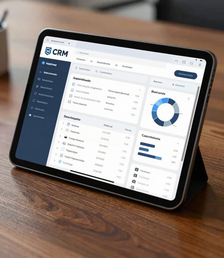 A close-up of a high-resolution tablet screen displaying a clean, professional CRM dashboard with blue and grey data visualizations, sitting on a polished mahogany desk in a North American corporate office.