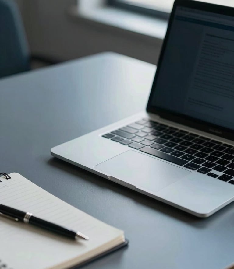 A close-up photograph of a clean, modern desk in a professional North American office setting. A high-end laptop is open on the desk alongside a notepad and a pen. The lighting is soft and natural, emphasizing a workspace of efficiency and organization. The color palette features slate blue and steel gray tones.