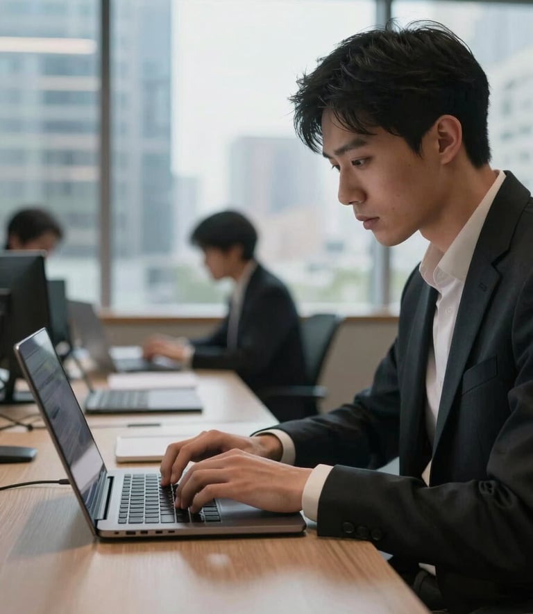 A focused professional typing on a high-end laptop in a modern North American co-working space, with blurred city architecture visible through a large window in the background, emphasizing efficiency and innovation.