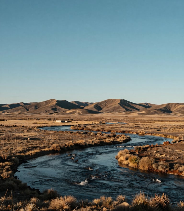 A wide, majestic view of an American Indigenous reservation landscape with flowing water and sacred hills under a vast, clear sky. Cinematic lighting with a sense of authority and timelessness.