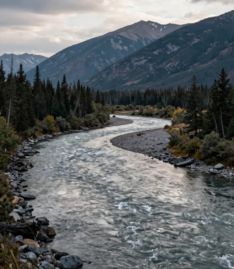 A high-resolution wide-angle photograph of a pristine river valley within a North American Indigenous territory. The composition highlights the vast natural resources, with mountains in the background under a soft, overcast sky. The palette features slate grey and cool silver tones, reflecting a grounded and professional atmosphere.