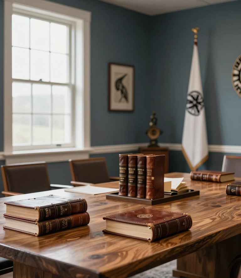 A professional interior photograph of a tribal council chamber in North America. The scene shows a heavy wood table, leather-bound legal volumes, and a window with soft natural light illuminating the space. The mood is authoritative and respectful, featuring dark blue-grey and off-white accents.
